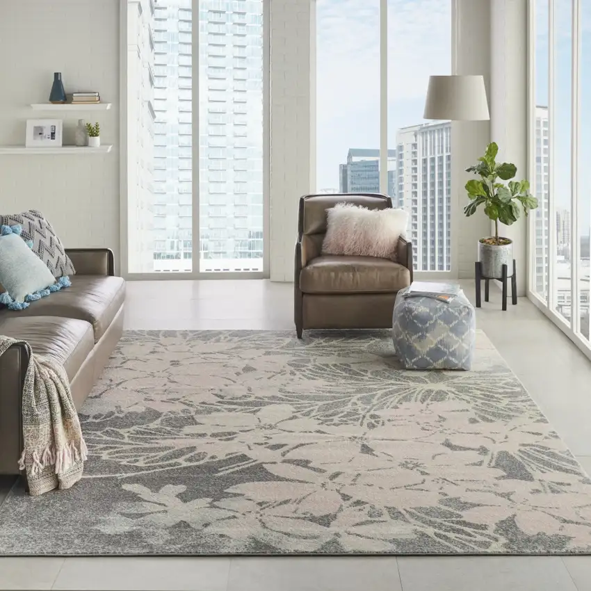 Gray And Pink Floral Area Rug Photo 3