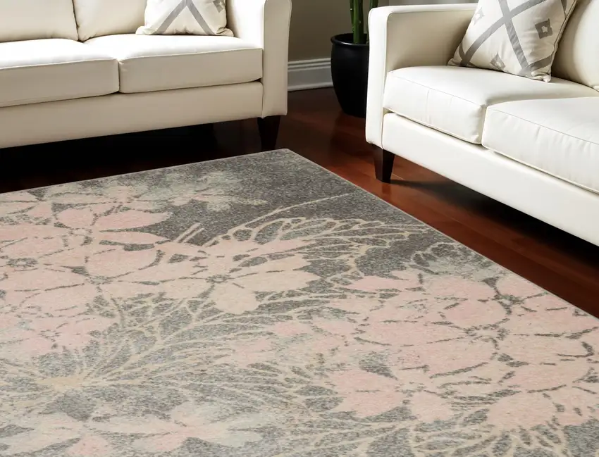 Gray And Pink Floral Area Rug Photo 1