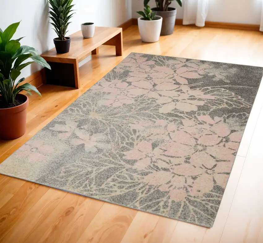 Gray And Pink Floral Area Rug Photo 1