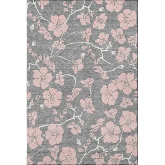 Gray And Pink Floral Washable Area Rug With UV Protection Photo 3