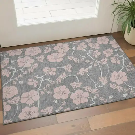 Gray And Pink Floral Washable Area Rug With UV Protection Photo 2