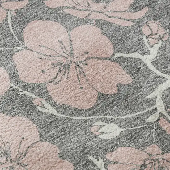 Gray And Pink Floral Washable Area Rug With UV Protection Photo 9
