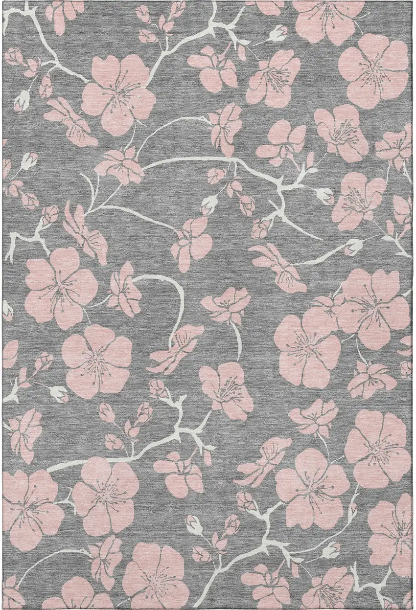 Gray And Pink Floral Washable Area Rug With UV Protection Photo 2