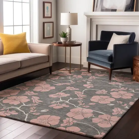 Gray And Pink Floral Washable Area Rug With UV Protection Photo 3
