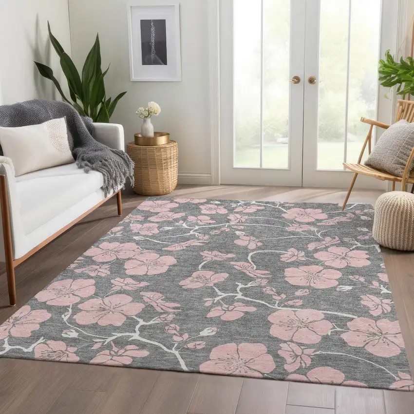 Gray And Pink Floral Washable Area Rug With UV Protection Photo 4
