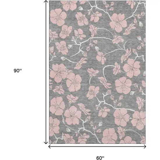 Gray And Pink Floral Washable Area Rug With UV Protection Photo 9