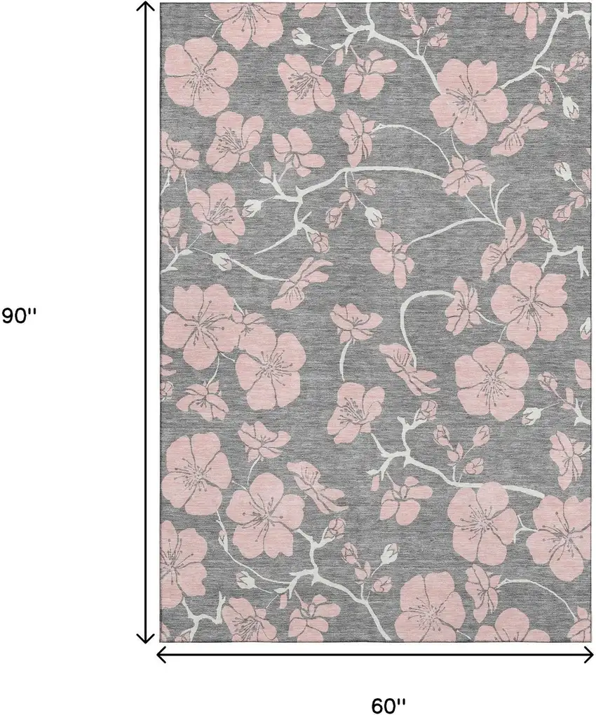 Gray And Pink Floral Washable Area Rug With UV Protection Photo 9