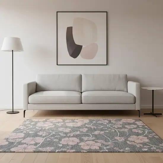 Gray And Pink Floral Washable Area Rug With UV Protection Photo 2
