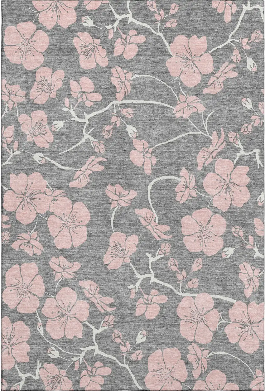Gray And Pink Floral Washable Area Rug With UV Protection Photo 1