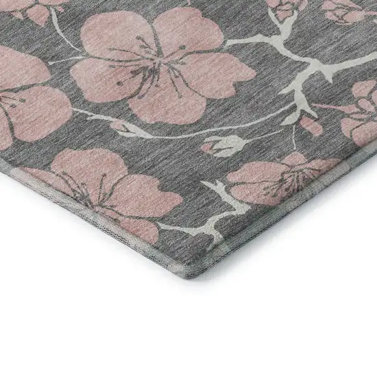 Gray And Pink Floral Washable Area Rug With UV Protection Photo 6