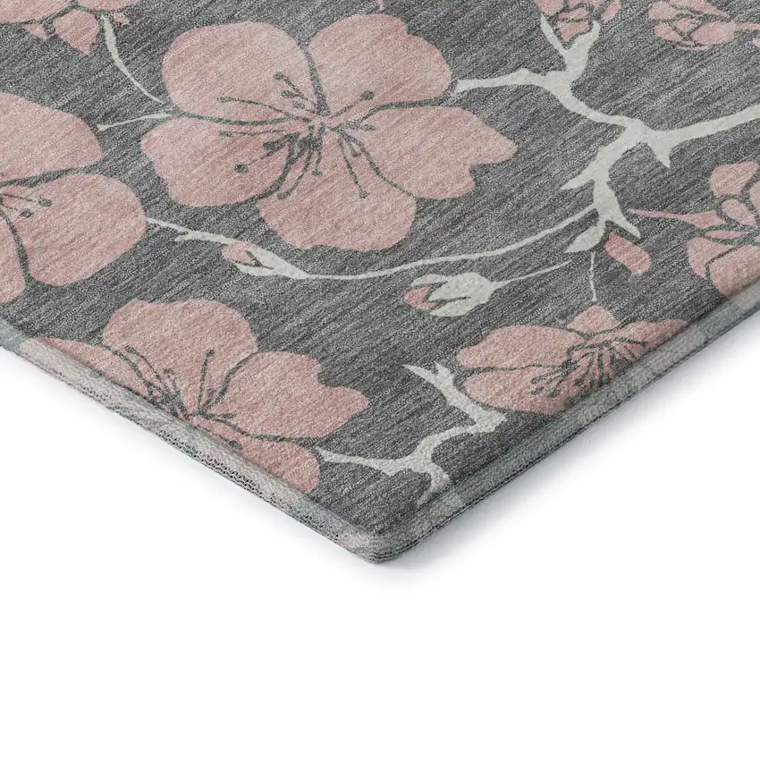 Gray And Pink Floral Washable Area Rug With UV Protection Photo 6