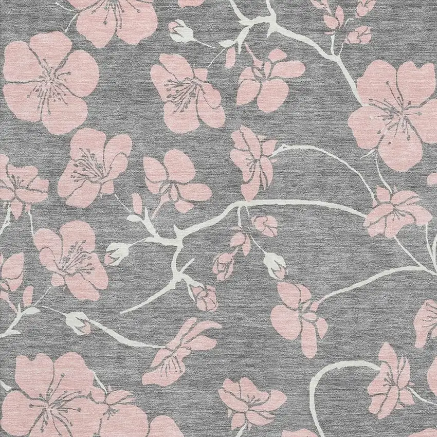 Gray And Pink Floral Washable Area Rug With UV Protection Photo 2