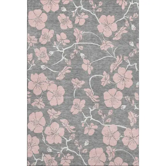 Gray And Pink Floral Washable Area Rug With UV Protection Photo 1