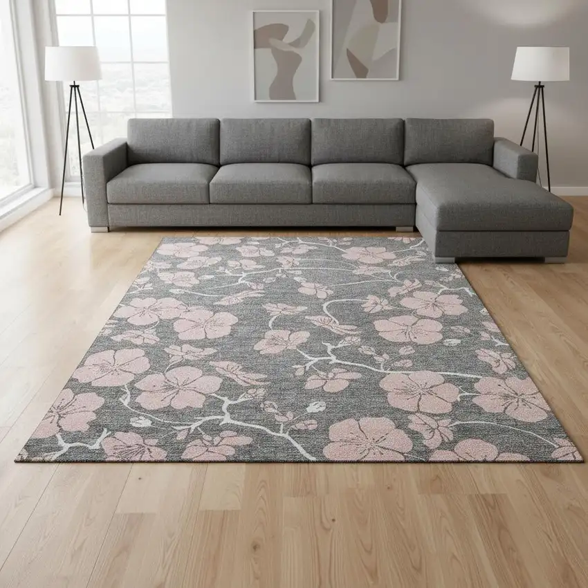 Gray And Pink Floral Washable Area Rug With UV Protection Photo 2