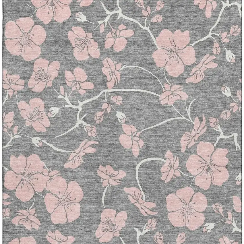 Gray And Pink Floral Washable Area Rug With UV Protection Photo 3