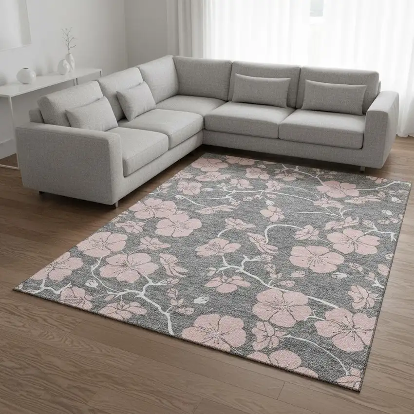 Gray And Pink Floral Washable Area Rug With UV Protection Photo 2
