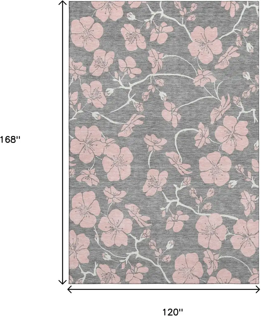 Gray And Pink Floral Washable Area Rug With UV Protection Photo 9