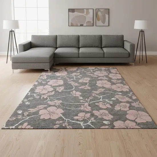 Gray And Pink Floral Washable Area Rug With UV Protection Photo 2