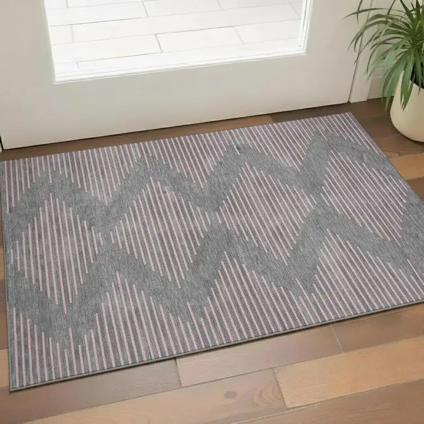 Gray And Pink Geometric Washable Area Rug With UV Protection Photo 2