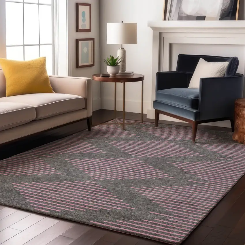 Gray And Pink Geometric Washable Area Rug With UV Protection Photo 4