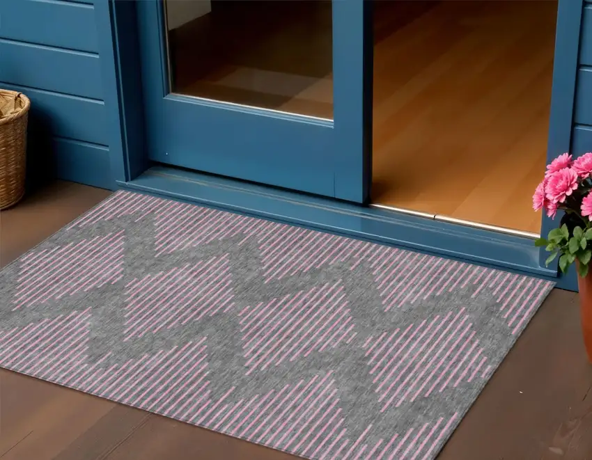 Gray And Pink Geometric Washable Indoor Outdoor Area Rug Photo 1