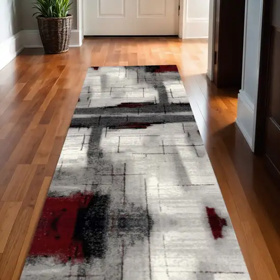 Gray And Red Abstract Runner Rug Photo 1