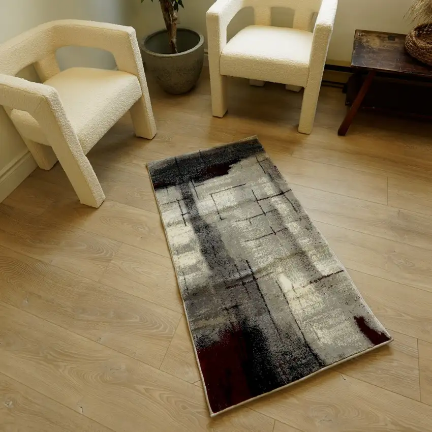Gray And Red Abstract Runner Rug Photo 3