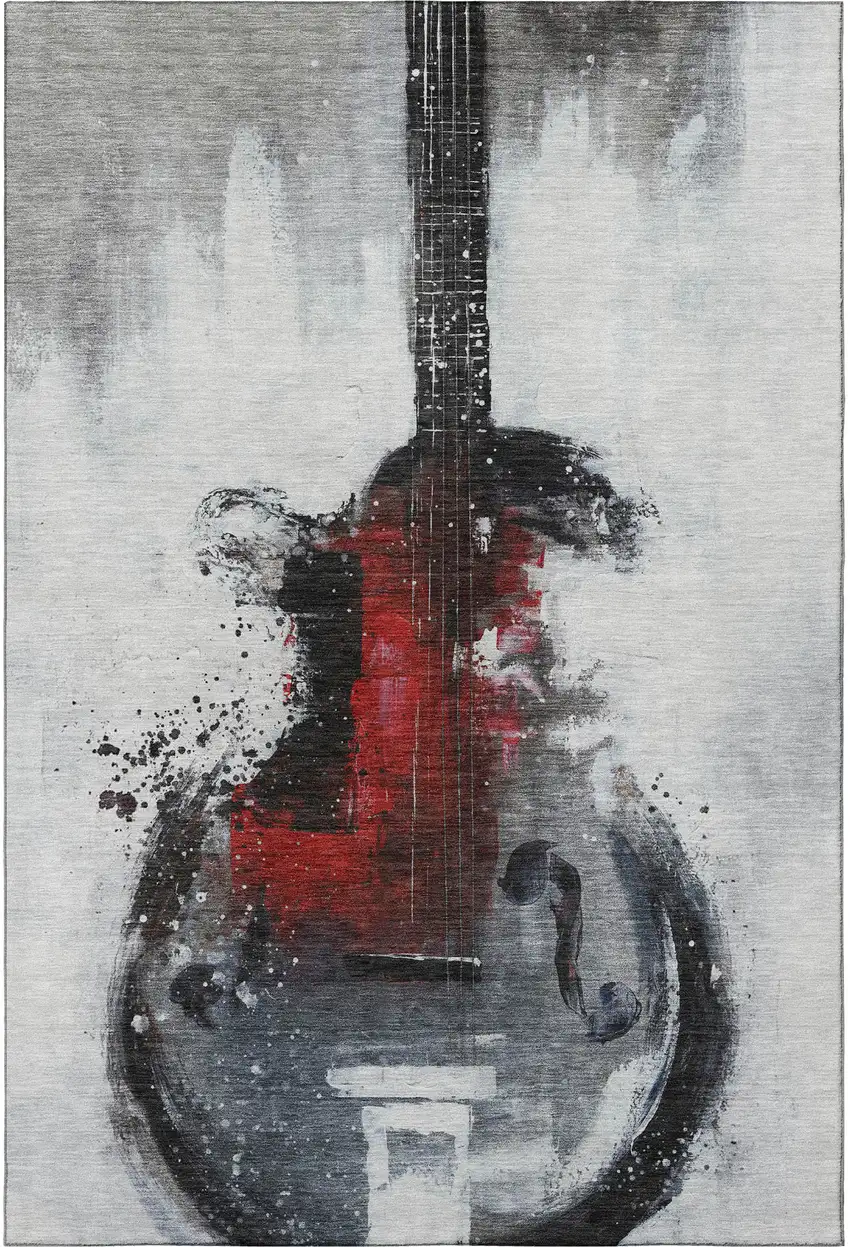 Gray And Red Abstract Washable Area Rug With UV Protection Photo 4