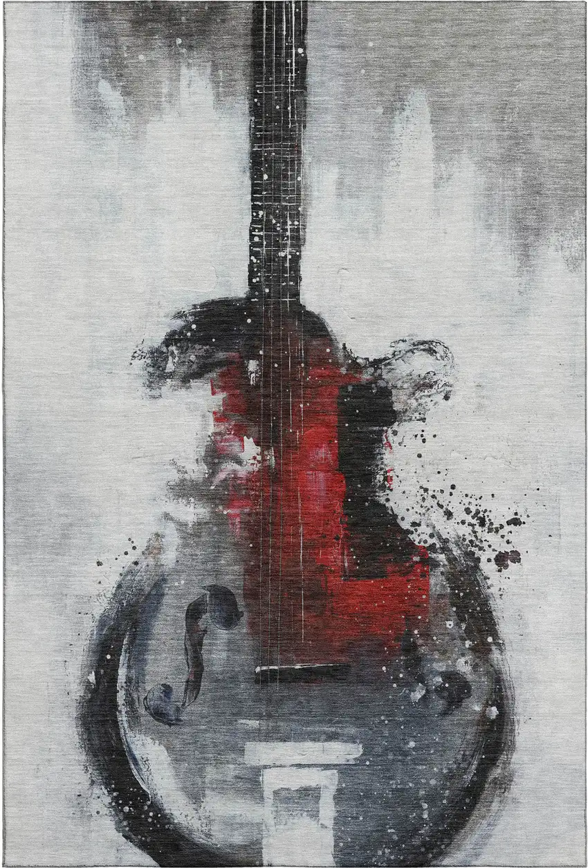 Gray And Red Abstract Washable Area Rug With UV Protection Photo 1