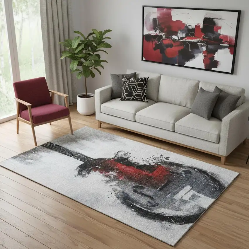 Gray And Red Abstract Washable Area Rug With UV Protection Photo 2