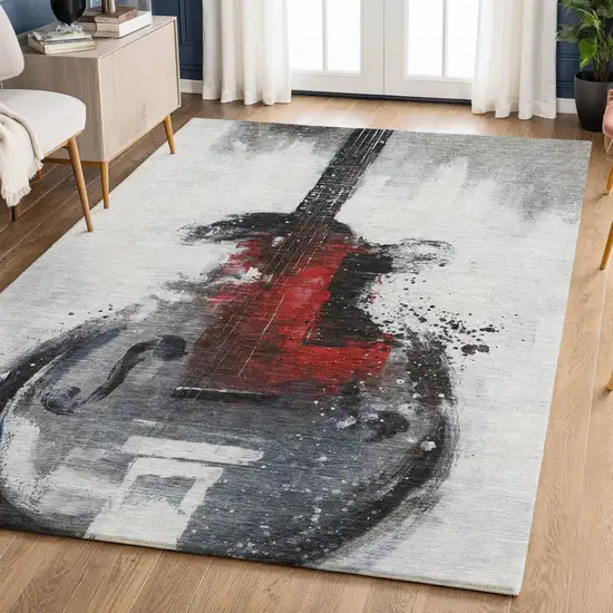Gray And Red Abstract Washable Area Rug With UV Protection Photo 6