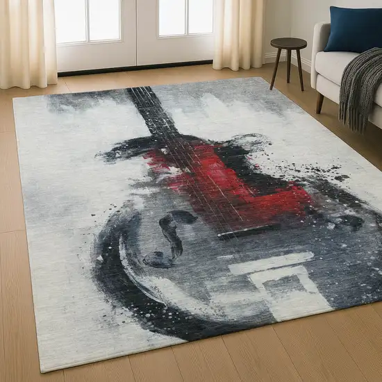 Gray And Red Abstract Washable Area Rug With UV Protection Photo 5