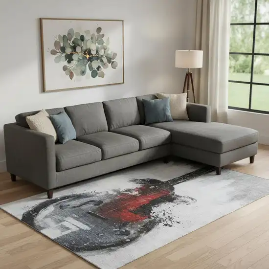 Gray And Red Abstract Washable Area Rug With UV Protection Photo 2