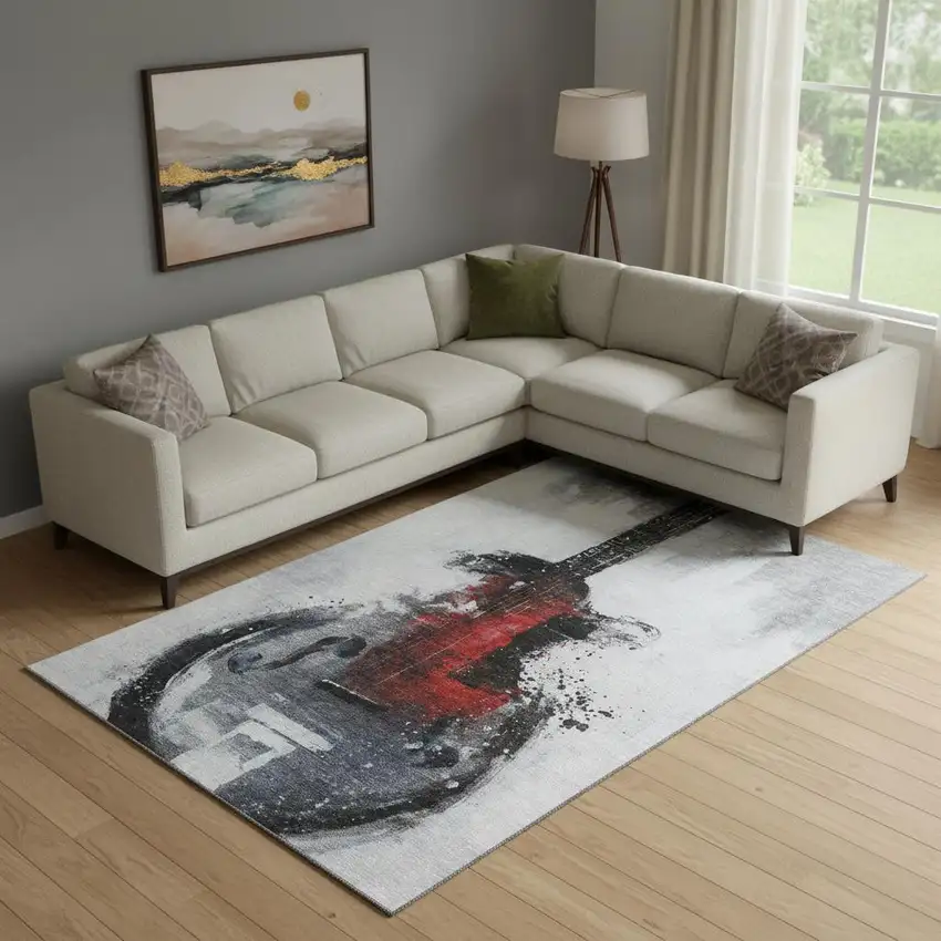 Gray And Red Abstract Washable Area Rug With UV Protection Photo 2