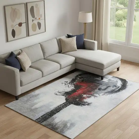 Gray And Red Abstract Washable Area Rug With UV Protection Photo 2