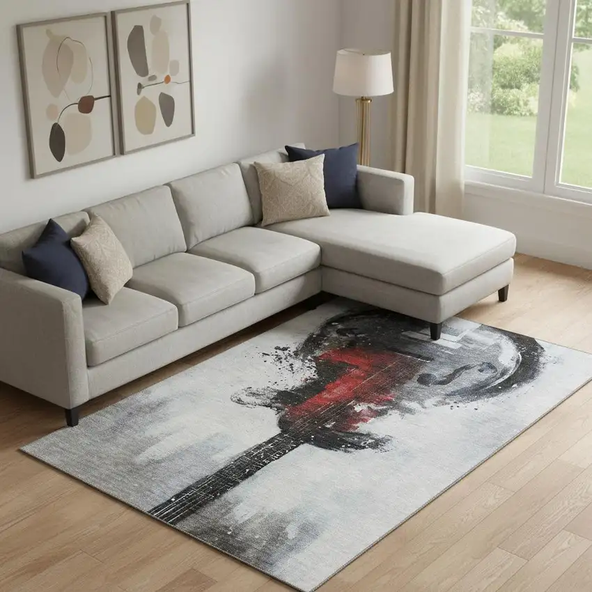 Gray And Red Abstract Washable Area Rug With UV Protection Photo 2