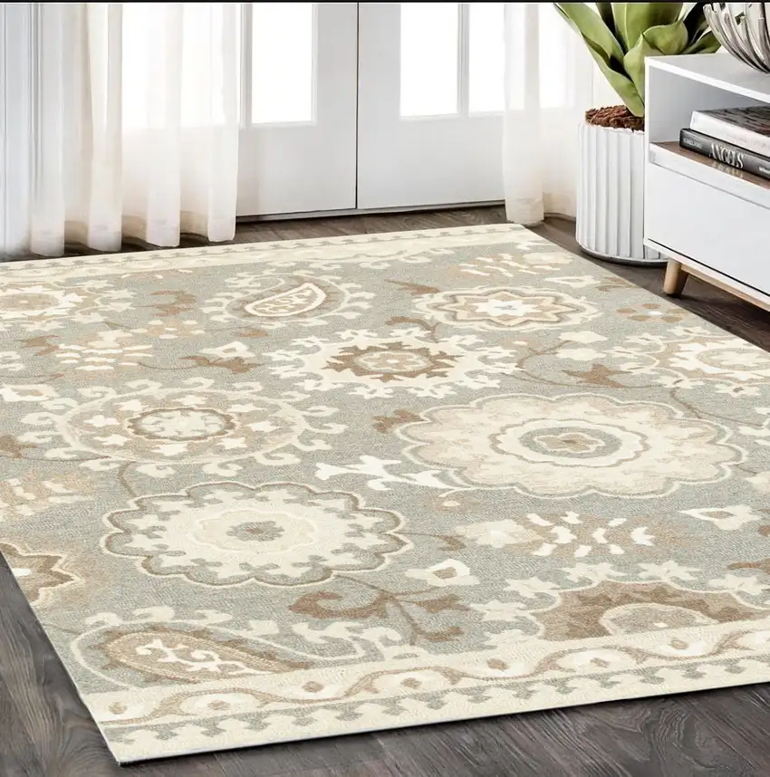 Gray And Sand Wool Floral Hand Tufted Area Rug Photo 1
