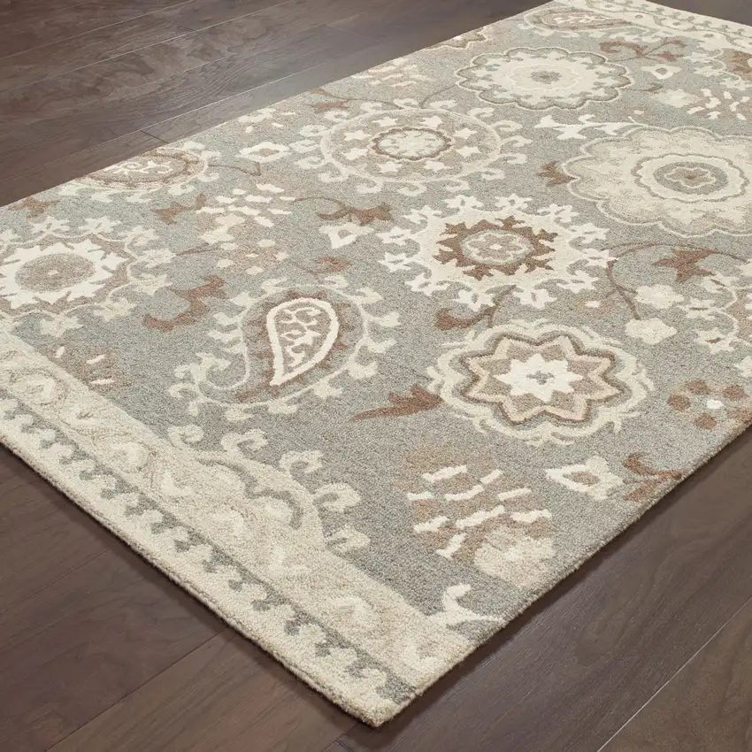 Gray And Sand Wool Floral Hand Tufted Area Rug Photo 6