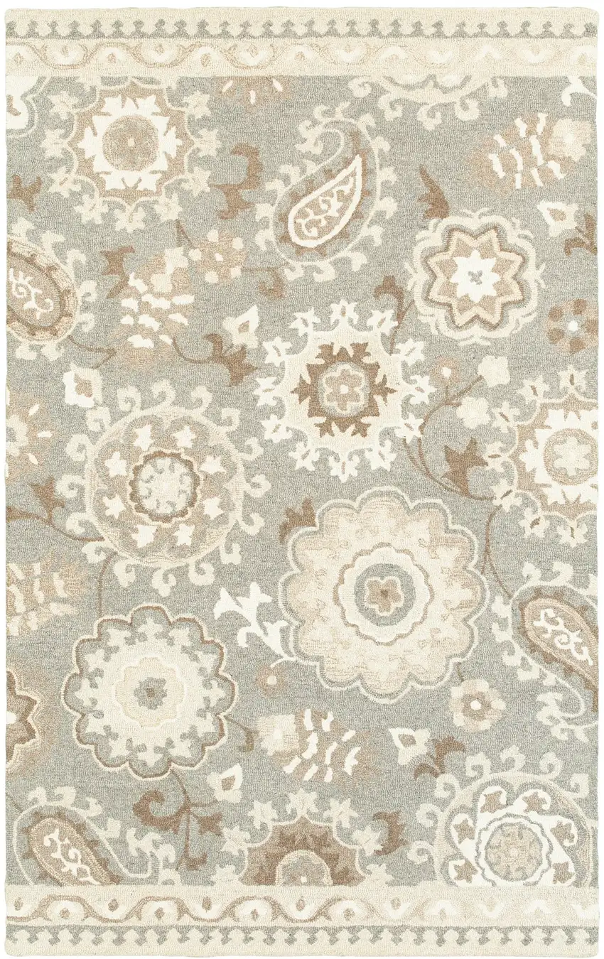 Gray And Sand Wool Floral Hand Tufted Area Rug Photo 2