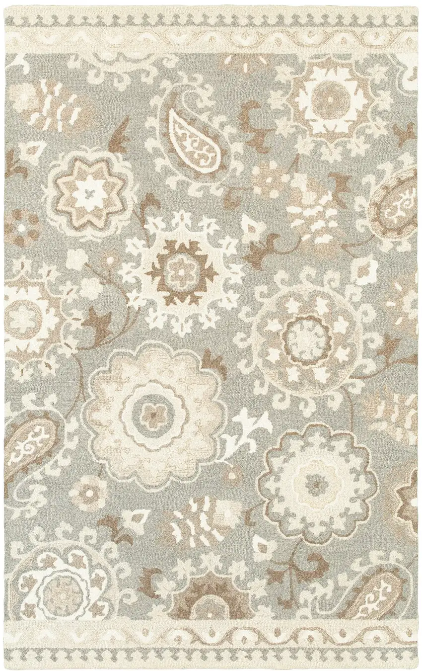 Gray And Sand Wool Floral Hand Tufted Area Rug Photo 4