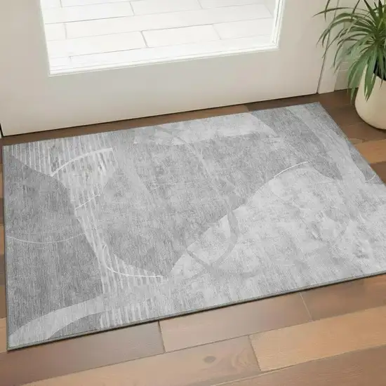 Gray And Silver Abstract Geometric Washable Area Rug With UV Protection Photo 1