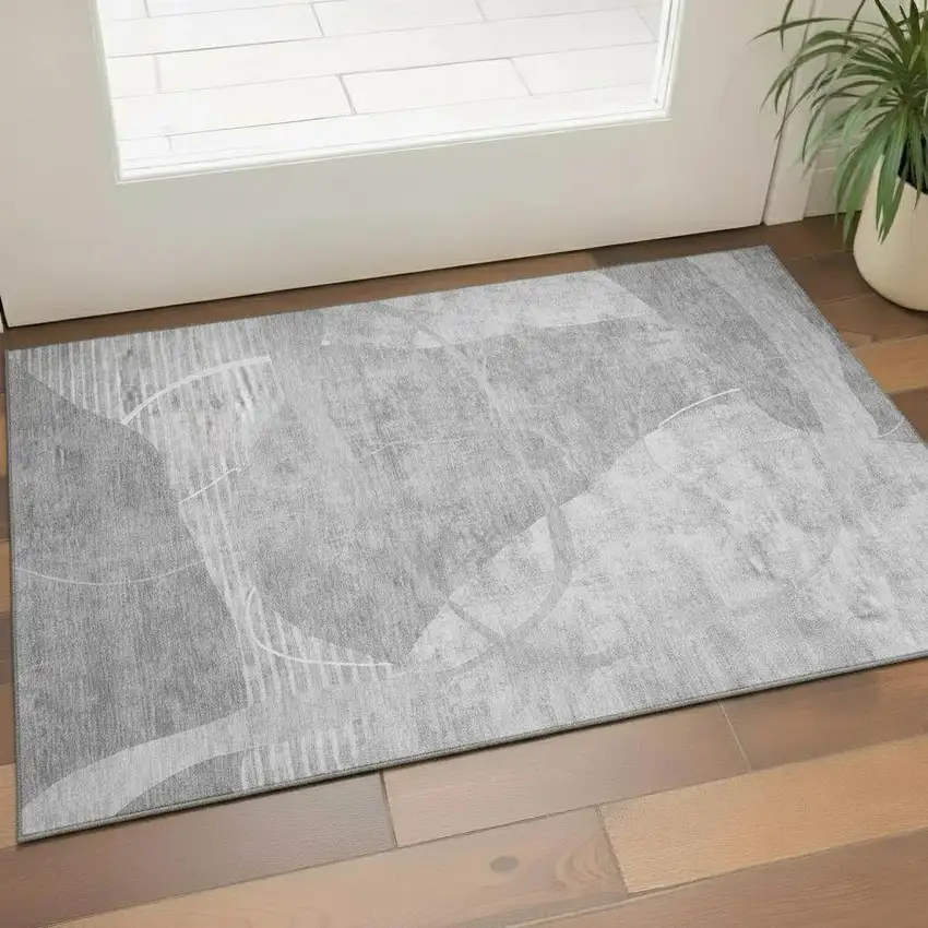 Gray And Silver Abstract Geometric Washable Area Rug With UV Protection Photo 1