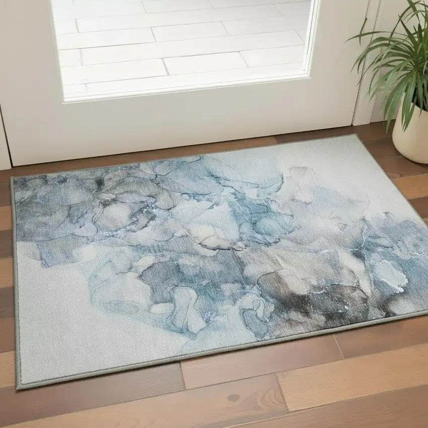 Gray And Silver Abstract Geometric Washable Area Rug With UV Protection Photo 2
