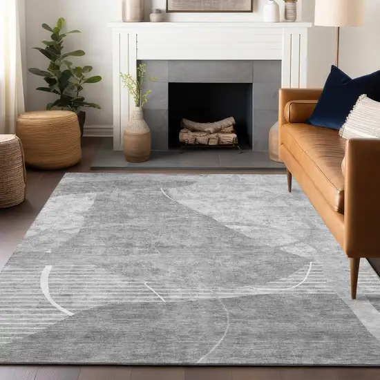 Gray And Silver Abstract Geometric Washable Area Rug With UV Protection Photo 5