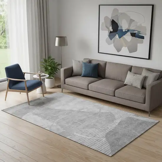 Gray And Silver Abstract Geometric Washable Area Rug With UV Protection Photo 1