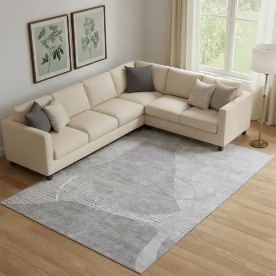 Gray And Silver Abstract Geometric Washable Area Rug With UV Protection Photo 1