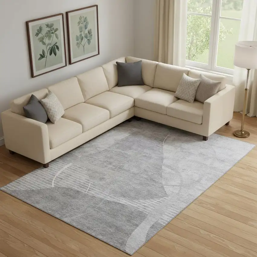 Gray And Silver Abstract Geometric Washable Area Rug With UV Protection Photo 1