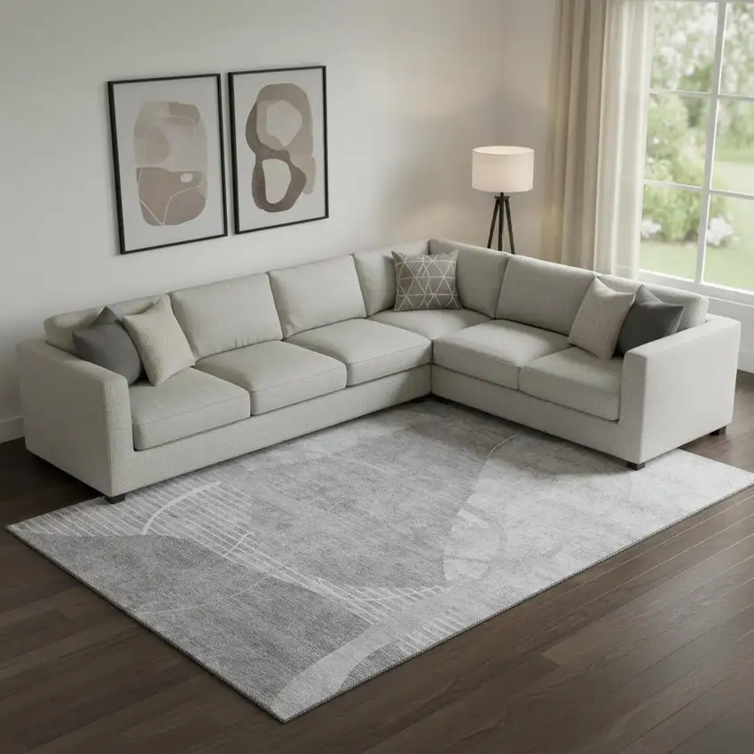 Gray And Silver Abstract Geometric Washable Area Rug With UV Protection Photo 1