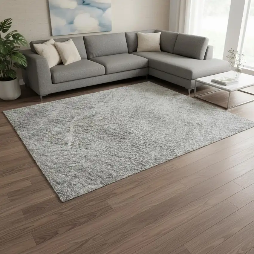 Gray And Silver Abstract Geometric Washable Area Rug With UV Protection Photo 2