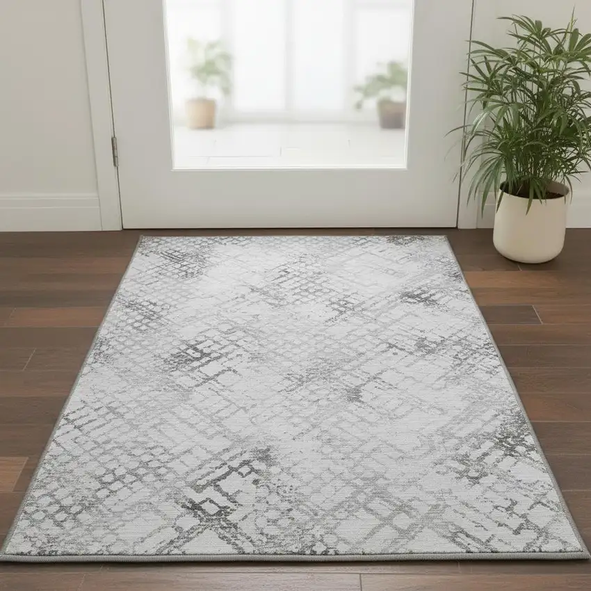 Gray And Silver Abstract Geometric Washable Area Rug With UV Protection Photo 2